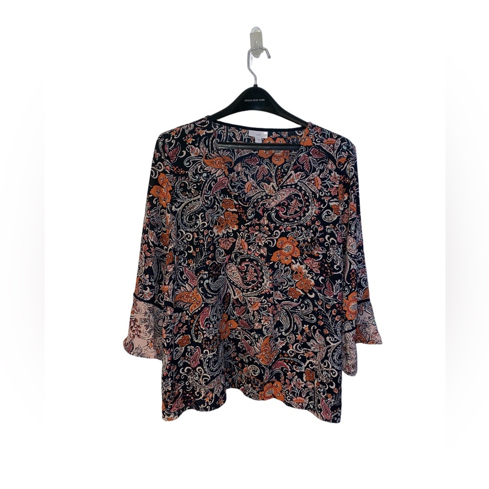 J. Jill Top Large Womens Orange Black Floral Paisley 3/4 Sleeve Blouse Sheer